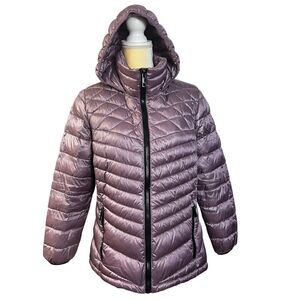Calvin Klein Womens Packable Down Puffer Jacket Hooded Mauve Purple Quilted L